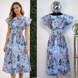 VTG 1960s Vicky Vaughn Vintage Floral Smocked Midi Dress, Cotton USA Made Medium